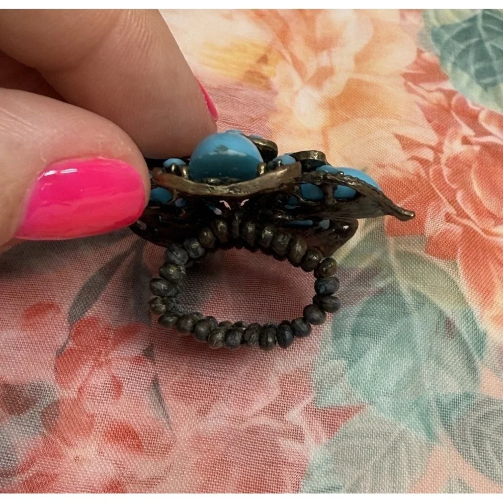 Vintage Turquoise Colored Beaded Flower  Ring Adjustable Antique Gold‎ Tone